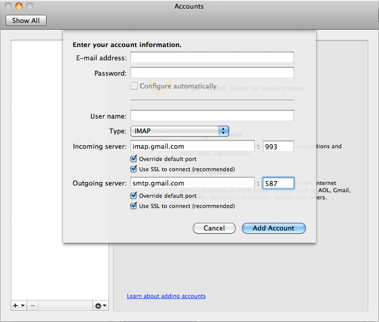 smtp settings for gmail in mac mail